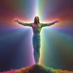 A vibrant, fractal rendered cross enveloped in a radiant, cascading rainbow, with a reverent, dignified depiction of Christ standing in front of it.