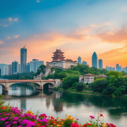 A picturesque scene in a Guangdong city, highlighting a prominent bridge arching gracefully over a wide river