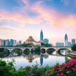 A picturesque scene in a Guangdong city, highlighting a prominent bridge arching gracefully over a wide river