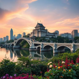 A picturesque scene in a Guangdong city, highlighting a prominent bridge arching gracefully over a wide river