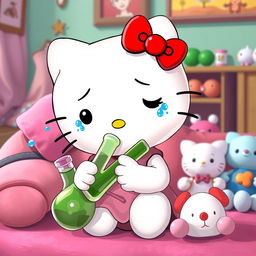 A depiction of Hello Kitty, the iconic character, shown crying while holding a bong