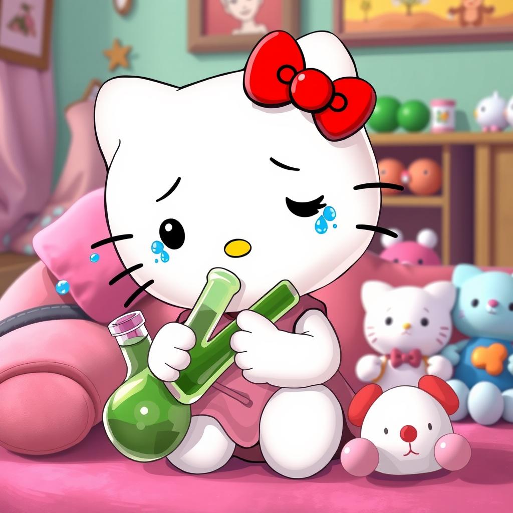 A depiction of Hello Kitty, the iconic character, shown crying while holding a bong