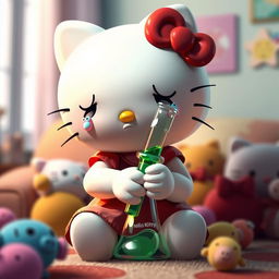 A depiction of Hello Kitty, the iconic character, shown crying while holding a bong