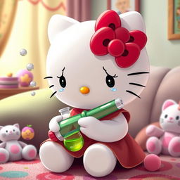 A depiction of Hello Kitty, the iconic character, shown crying while holding a bong