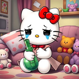 A depiction of Hello Kitty, the iconic character, shown crying while holding a bong