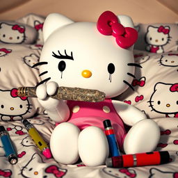 Hello Kitty is depicted holding a blunt with exaggerated fake eyelashes and mascara running down her cheeks, giving her a slightly humorous and edgy appearance