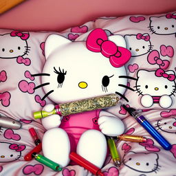 Hello Kitty is depicted holding a blunt with exaggerated fake eyelashes and mascara running down her cheeks, giving her a slightly humorous and edgy appearance