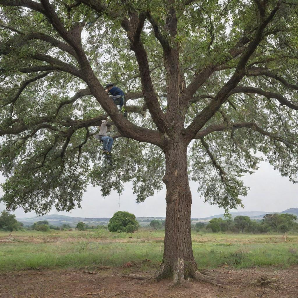 Dos personas equilibrándose sobre las altas ramas de un árbol, trabajando juntas para cerrucharlo con un gran serrucho de dos manos.