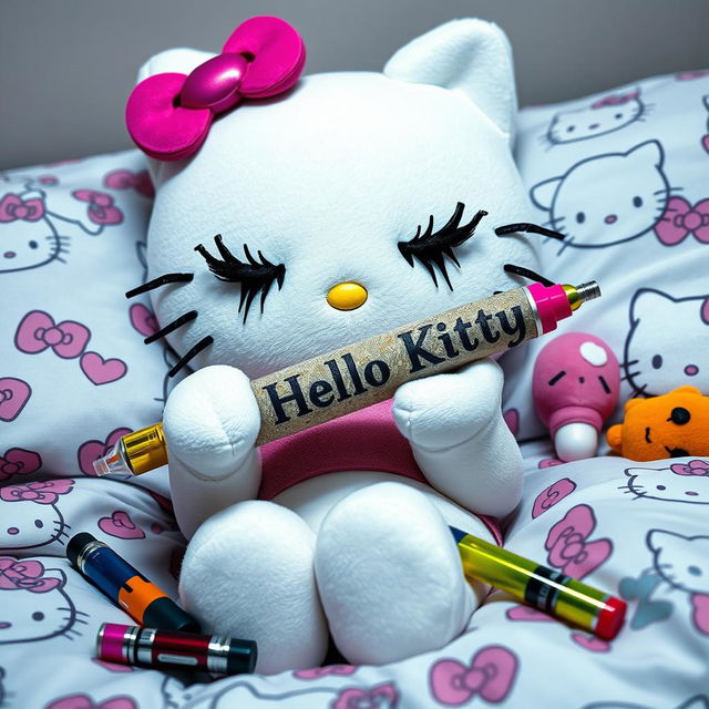 Hello Kitty is depicted holding a blunt with exaggerated fake eyelashes and mascara running down her cheeks, giving her a slightly humorous and edgy appearance