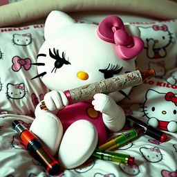 Hello Kitty is depicted holding a blunt with exaggerated fake eyelashes and mascara running down her cheeks, giving her a slightly humorous and edgy appearance