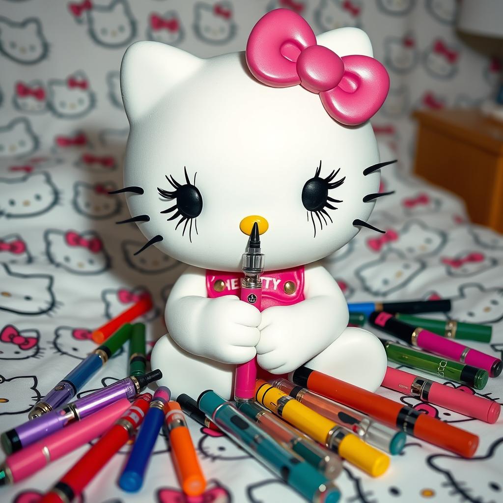 Hello Kitty holding a dab pen, adorned with exaggerated fake eyelashes and mascara visibly running down her face, creating a humorous yet edgy vibe