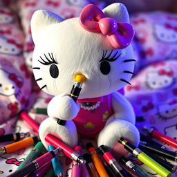 Hello Kitty holding a dab pen, adorned with exaggerated fake eyelashes and mascara visibly running down her face, creating a humorous yet edgy vibe