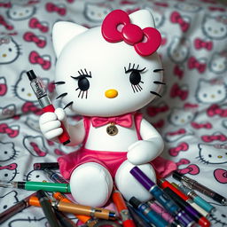 Hello Kitty holding a dab pen, adorned with exaggerated fake eyelashes and mascara visibly running down her face, creating a humorous yet edgy vibe