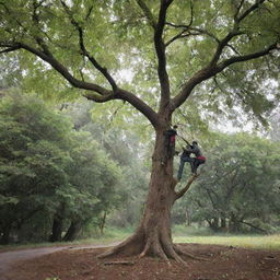 Dos personas equilibrándose sobre las altas ramas de un árbol, trabajando juntas para cerrucharlo con un gran serrucho de dos manos.