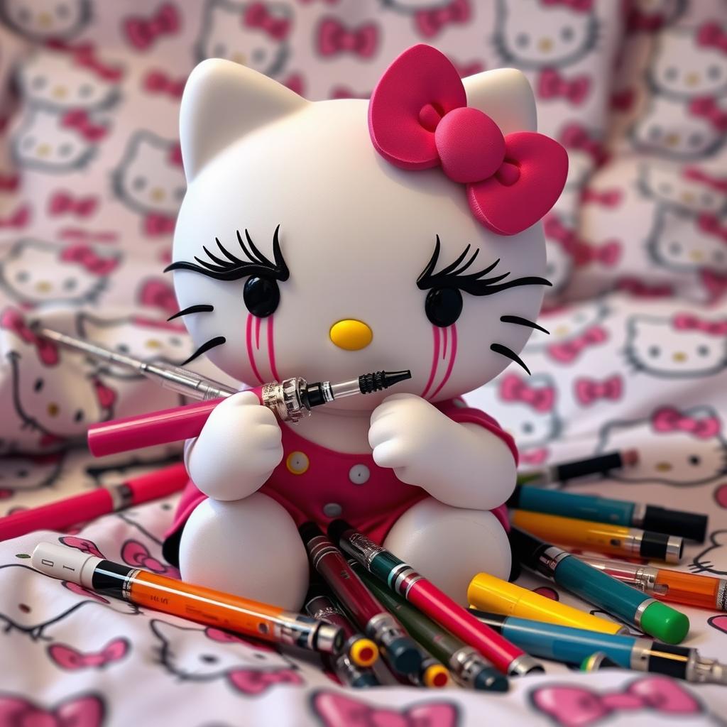 Hello Kitty holding a dab pen, adorned with exaggerated fake eyelashes and mascara visibly running down her face, creating a humorous yet edgy vibe