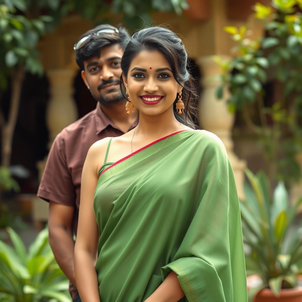 A 35-year-old Indian woman with captivating features, wearing a hot sleeveless green saree that drapes elegantly around her, standing confidently with a warm smile