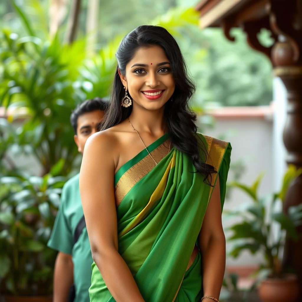 A 35-year-old Indian woman with captivating features, wearing a hot sleeveless green saree that drapes elegantly around her, standing confidently with a warm smile