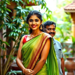 A 35-year-old Indian woman with captivating features, wearing a hot sleeveless green saree that drapes elegantly around her, standing confidently with a warm smile