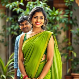 A 35-year-old Indian woman with captivating features, wearing a hot sleeveless green saree that drapes elegantly around her, standing confidently with a warm smile