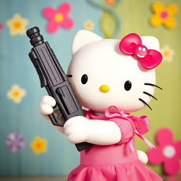 Hello Kitty holding a toy gun in a playful manner, set against a colorful and cheerful background