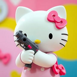 Hello Kitty holding a toy gun in a playful manner, set against a colorful and cheerful background