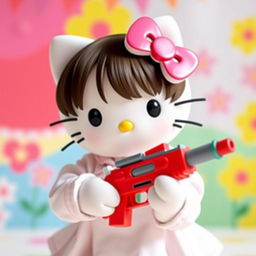 Hello Kitty holding a toy gun in a playful manner, set against a colorful and cheerful background