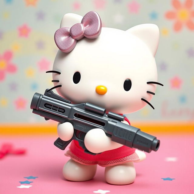 Hello Kitty holding a toy gun in a playful manner, set against a colorful and cheerful background