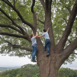 Dos personas equilibrándose sobre las altas ramas de un árbol, trabajando juntas para cerrucharlo con un gran serrucho de dos manos.