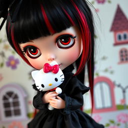 A Blythe doll with striking black hair accented by vivid red streaks, holding a cute Hello Kitty doll