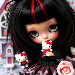 A Blythe doll with striking black hair accented by vivid red streaks, holding a cute Hello Kitty doll