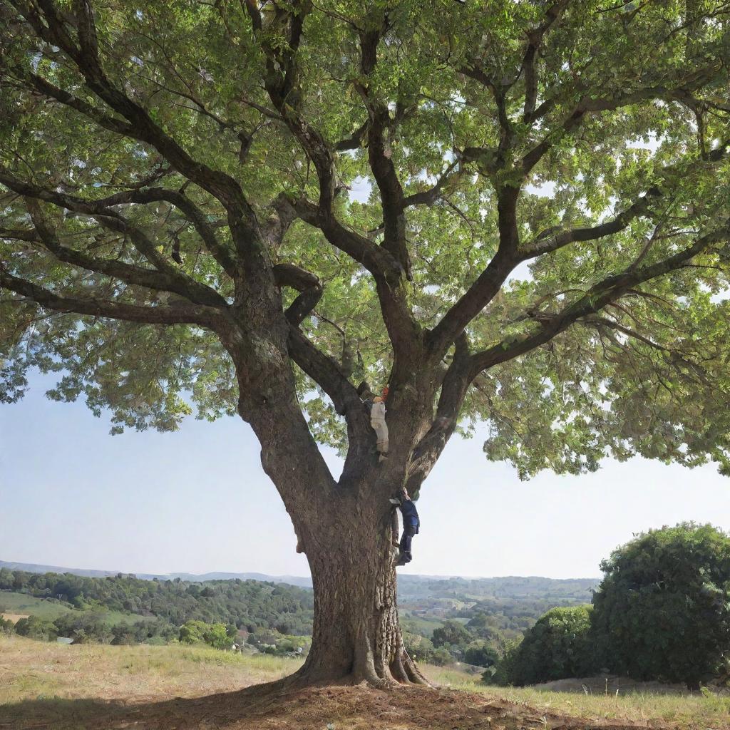 Dos personas equilibrándose sobre las altas ramas de un árbol, trabajando juntas para cerrucharlo con un gran serrucho de dos manos.