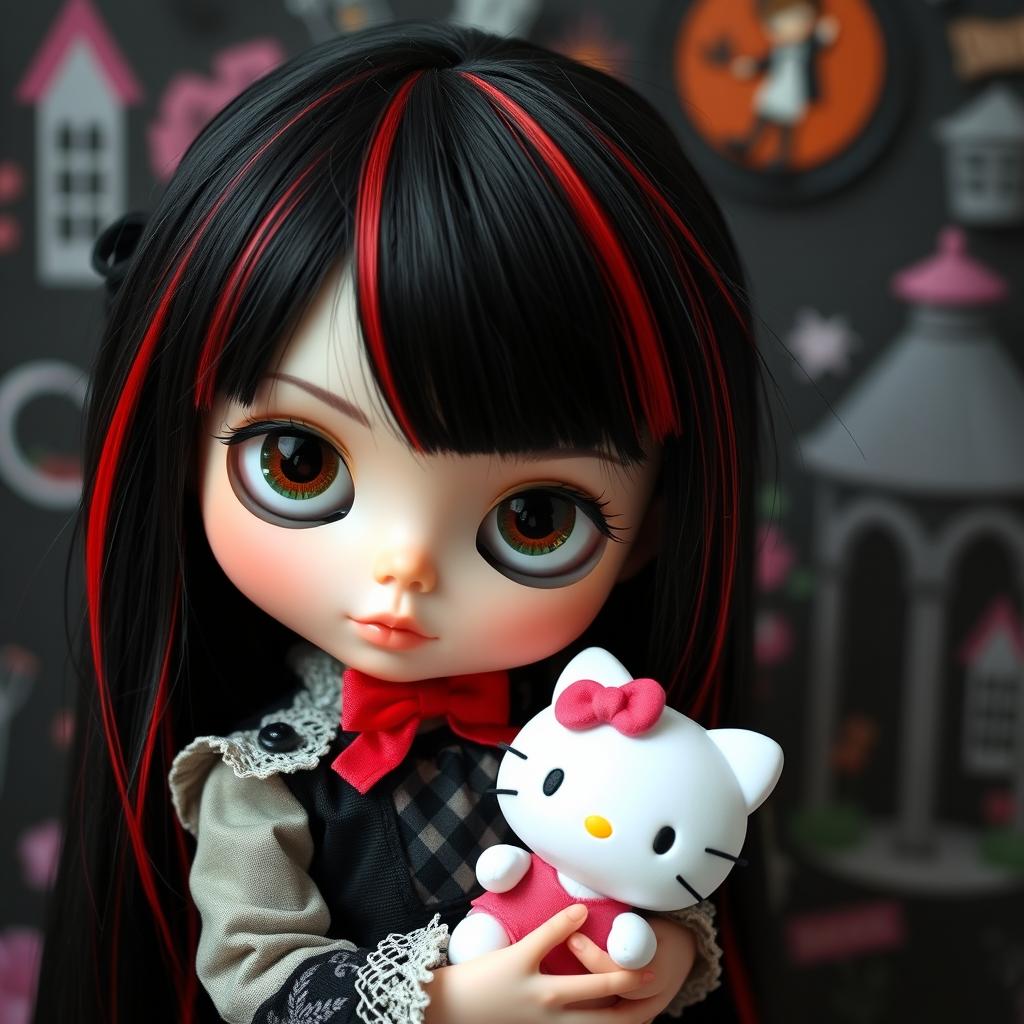 A Blythe doll with striking black hair accented by vivid red streaks, holding a cute Hello Kitty doll