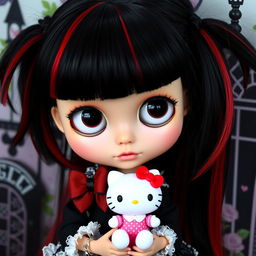 A Blythe doll with striking black hair accented by vivid red streaks, holding a cute Hello Kitty doll