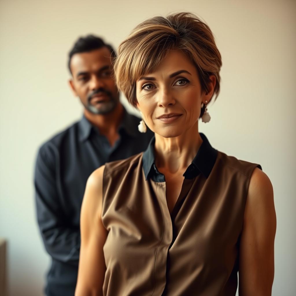 A mature woman with striking features, wearing a stylish sleeveless blouse, standing confidently in front of her brother