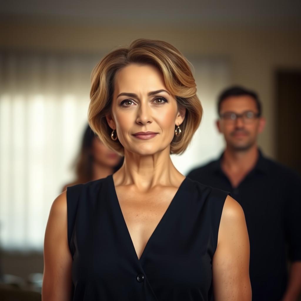 A mature woman with striking features, wearing a stylish sleeveless blouse, standing confidently in front of her brother