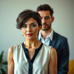 A mature woman with striking features, wearing a stylish sleeveless blouse, standing confidently in front of her brother