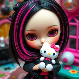 A Blythe doll with sleek black hair accented by vibrant pink streaks, gently holding a charming Hello Kitty doll