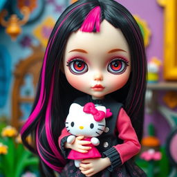 A Blythe doll with sleek black hair accented by vibrant pink streaks, gently holding a charming Hello Kitty doll