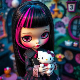 A Blythe doll with sleek black hair accented by vibrant pink streaks, gently holding a charming Hello Kitty doll