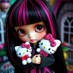 A Blythe doll with sleek black hair accented by vibrant pink streaks, gently holding a charming Hello Kitty doll