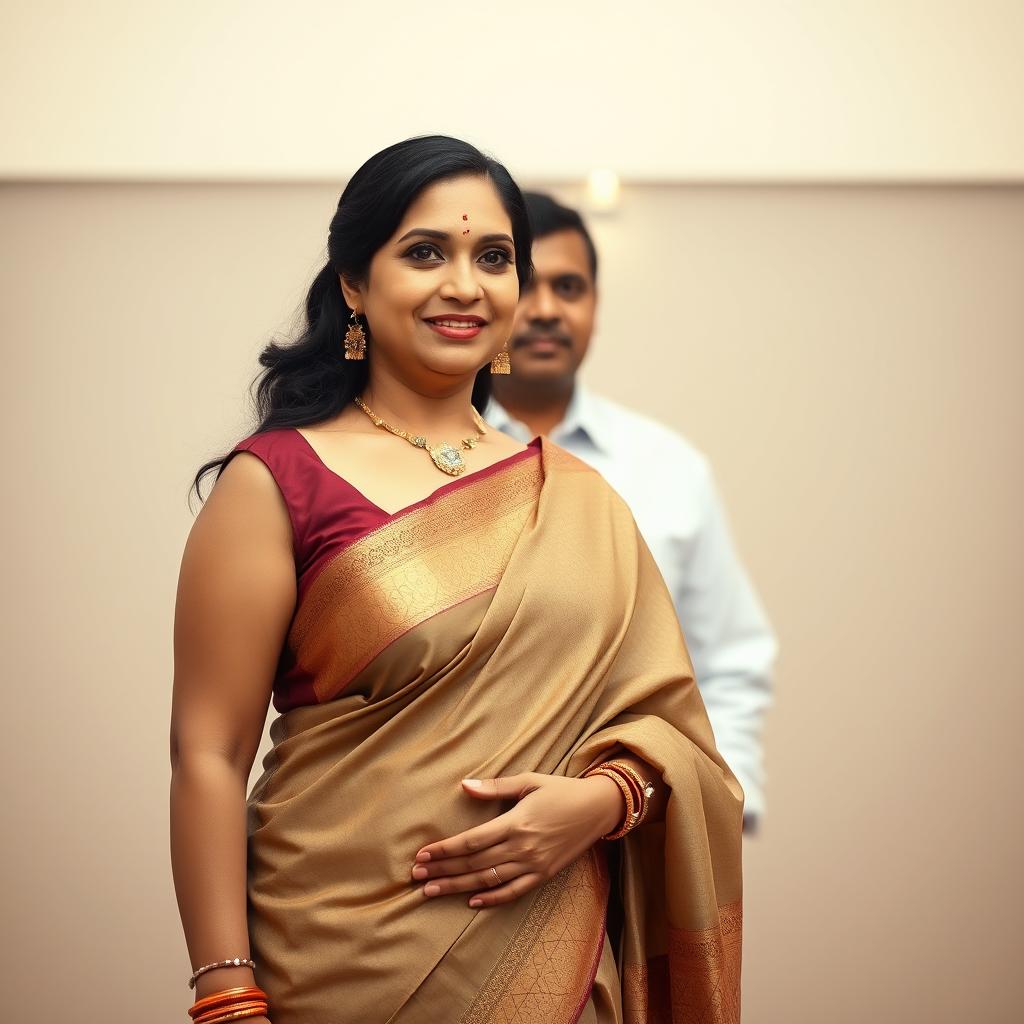 An Indian mature woman exuding confidence, wearing an elegant sleeveless blouse paired with a beautifully draped saree