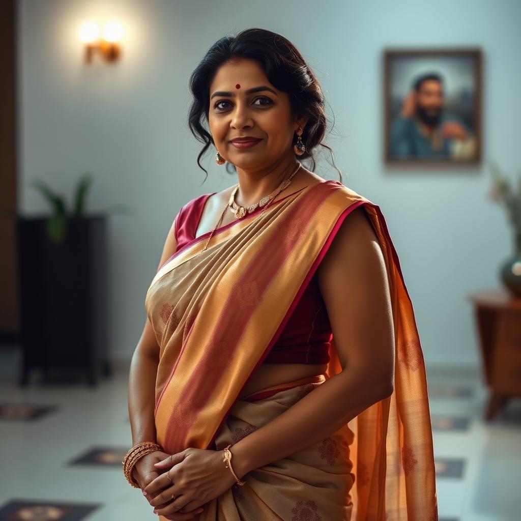 An Indian mature woman exuding confidence, wearing an elegant sleeveless blouse paired with a beautifully draped saree