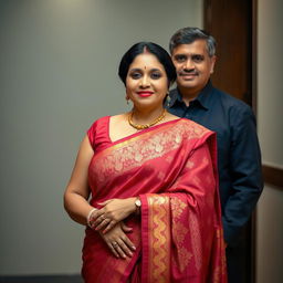 An Indian mature woman exuding confidence, wearing an elegant sleeveless blouse paired with a beautifully draped saree