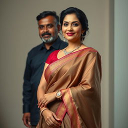 An Indian mature woman exuding confidence, wearing an elegant sleeveless blouse paired with a beautifully draped saree