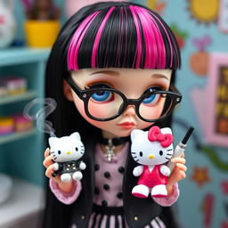 A Blythe doll featuring sleek black hair with bold pink streaks, stylish bangs, and captivating blue eyes, adorned with chic black glasses