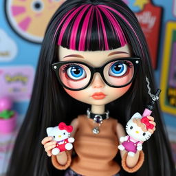 A Blythe doll featuring sleek black hair with bold pink streaks, stylish bangs, and captivating blue eyes, adorned with chic black glasses