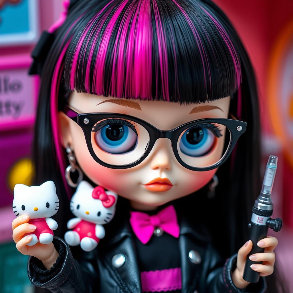 A Blythe doll featuring sleek black hair with bold pink streaks, stylish bangs, and captivating blue eyes, adorned with chic black glasses