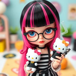 A Blythe doll featuring sleek black hair with bold pink streaks, stylish bangs, and captivating blue eyes, adorned with chic black glasses