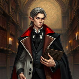 A sophisticated high elf man with an elegant appearance, featuring brown-gray hair with black tips