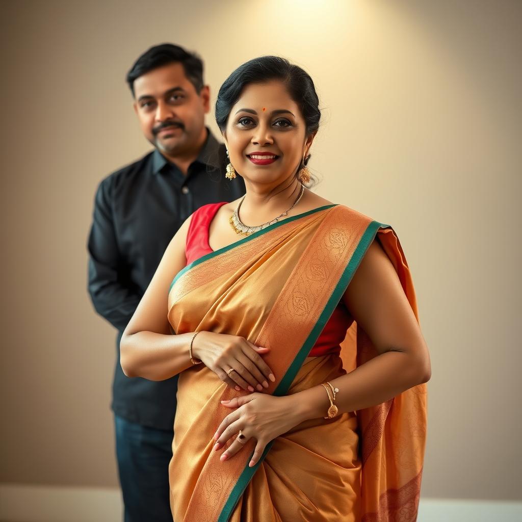 An Indian mature woman exuding confidence, wearing an elegantly designed sleeveless blouse paired with a beautifully draped saree